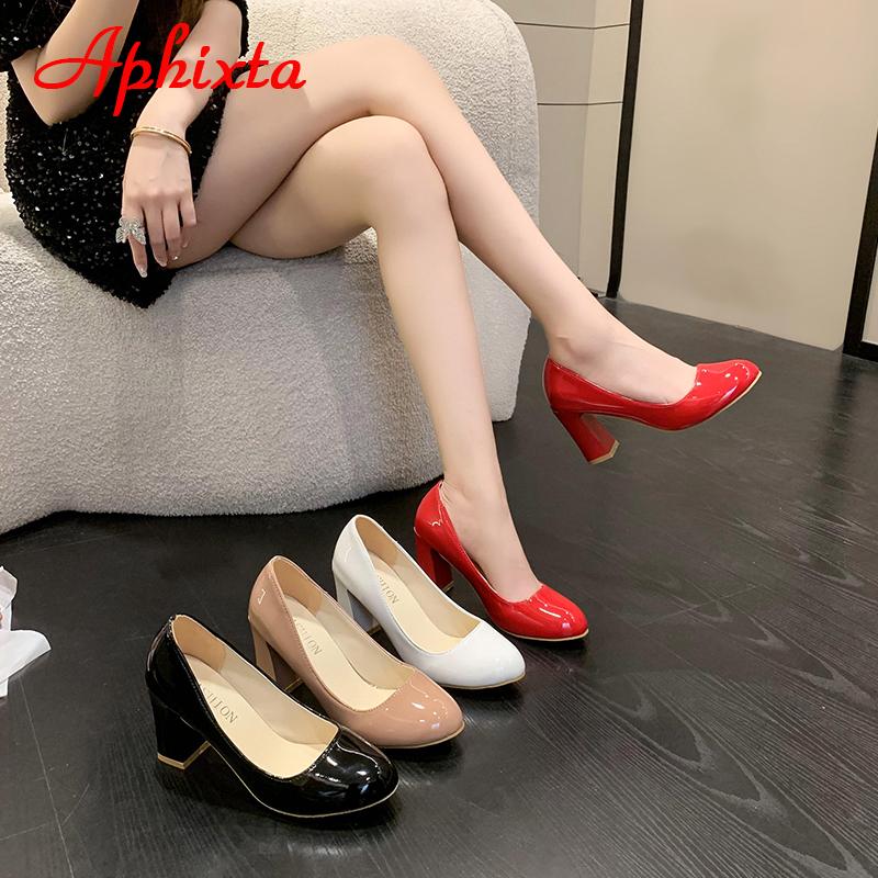 Aphixta 2025 New 7cm Square Heels Round Toe Pumps Women Shoes Nude Pink Pumps Super Big Size 46
