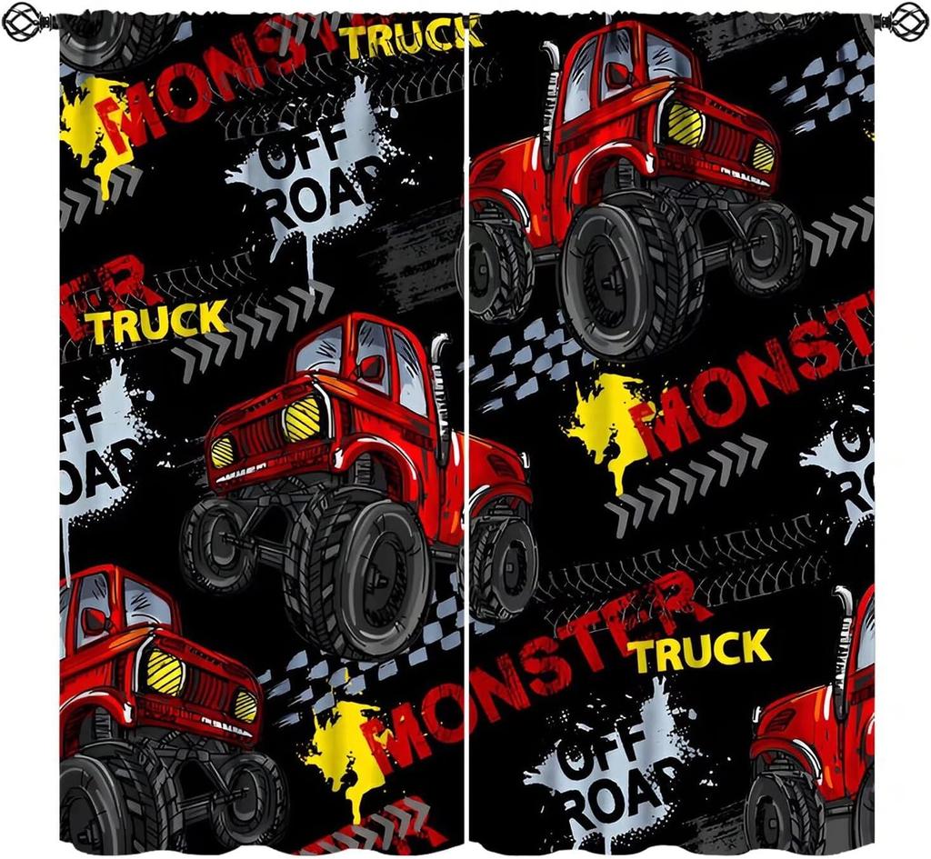 Monster Truck Curtains Boys Cartoon Red Blue Car Game Cool Racing Window Kids Bedroom Living Room Playroom Curtain For Sitting Made Of Polyester