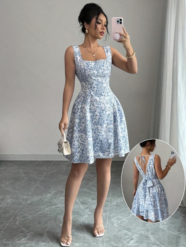 Women's Bohemian Backless Floral Dress with Bow Tie Straps