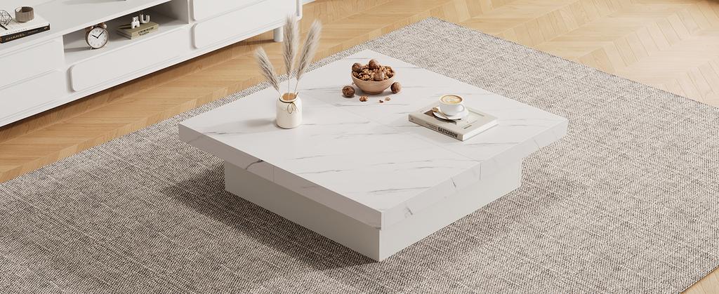Table Basse Carrée Blanche Moderne Aspect Marbre, 90 x 90 x 25 cm – Quatre Tiroirs, Plateau Coulissant, Capacité de Charge jusqu'à 30 kg
