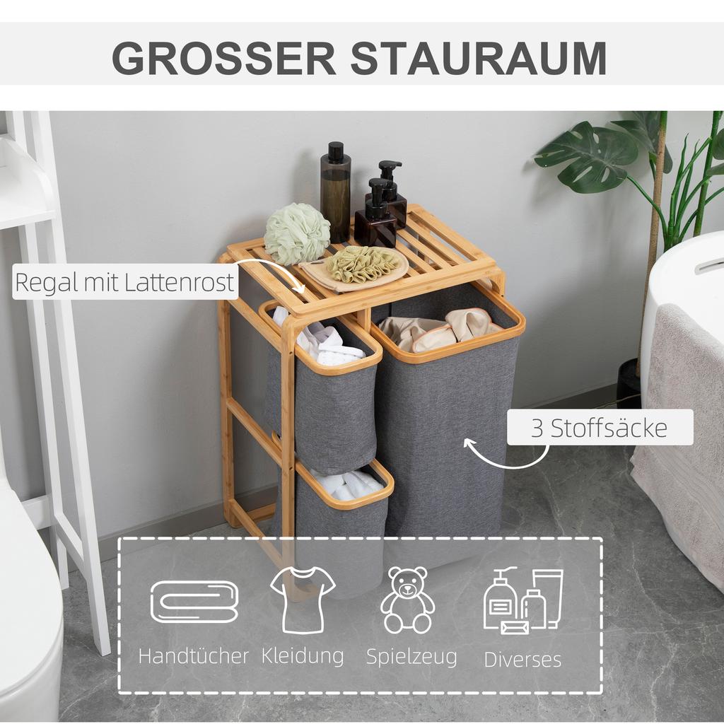 Laundry Basket Made of Bamboo, 3 Removable Baskets 50 cm x 32 cm x 69.7 cm Natural Gray