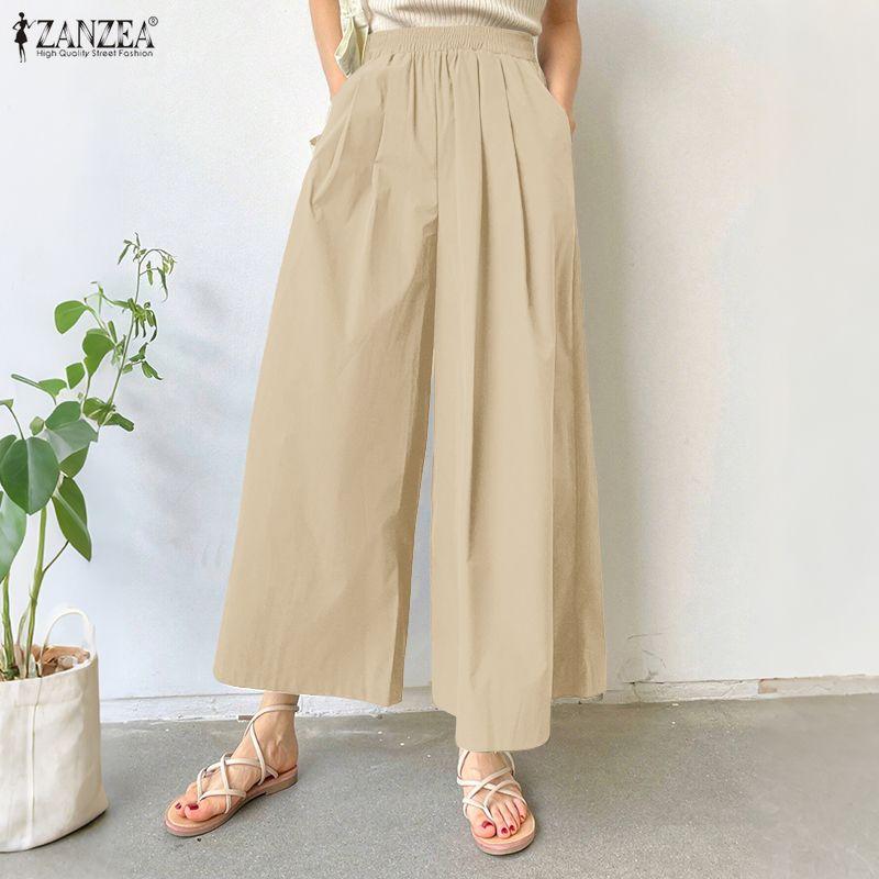 ZANZEA Women Casual Elastic Waist Loose Wide Leg Cropped Pants