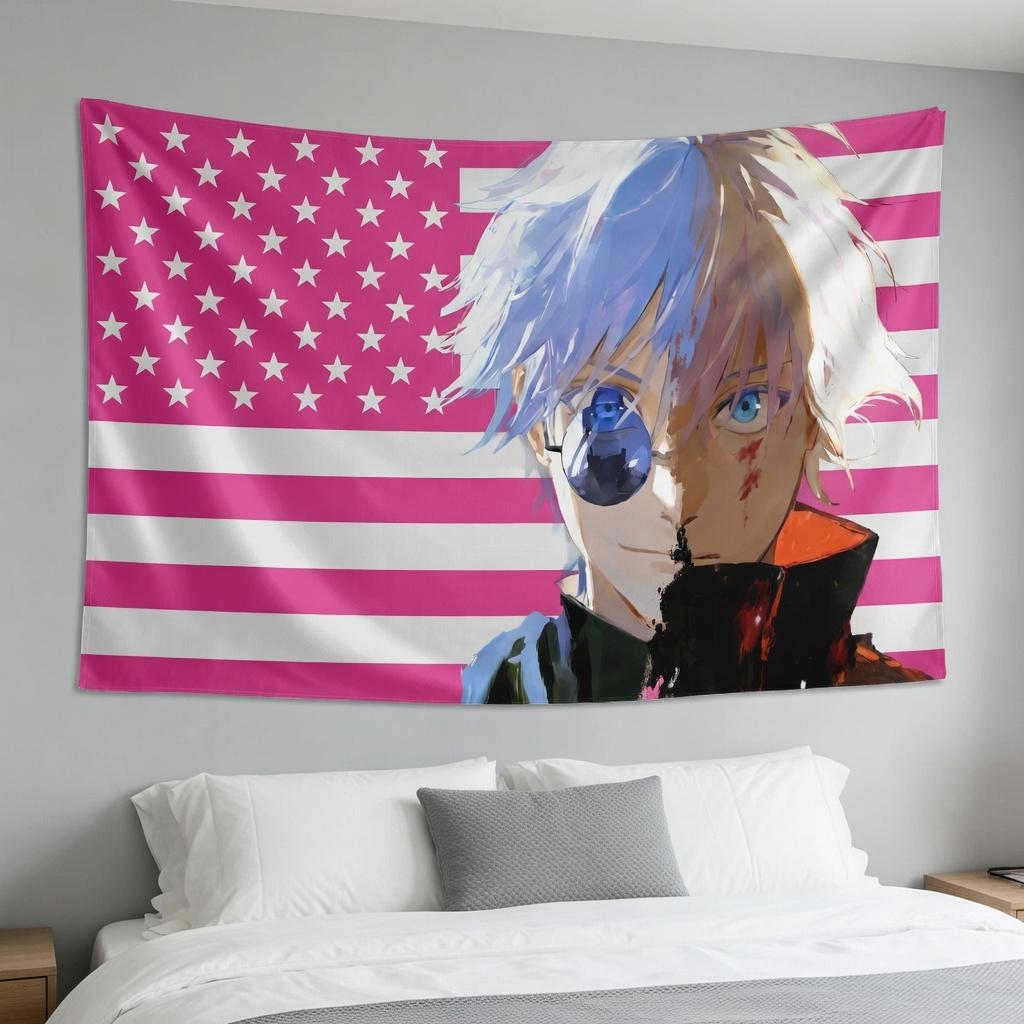 Japanese Anime Style Cool Guy Tapestry Flat Print Pink Star Stripe Flag Wall Art For Living Room Bedroom Dormitory Decor