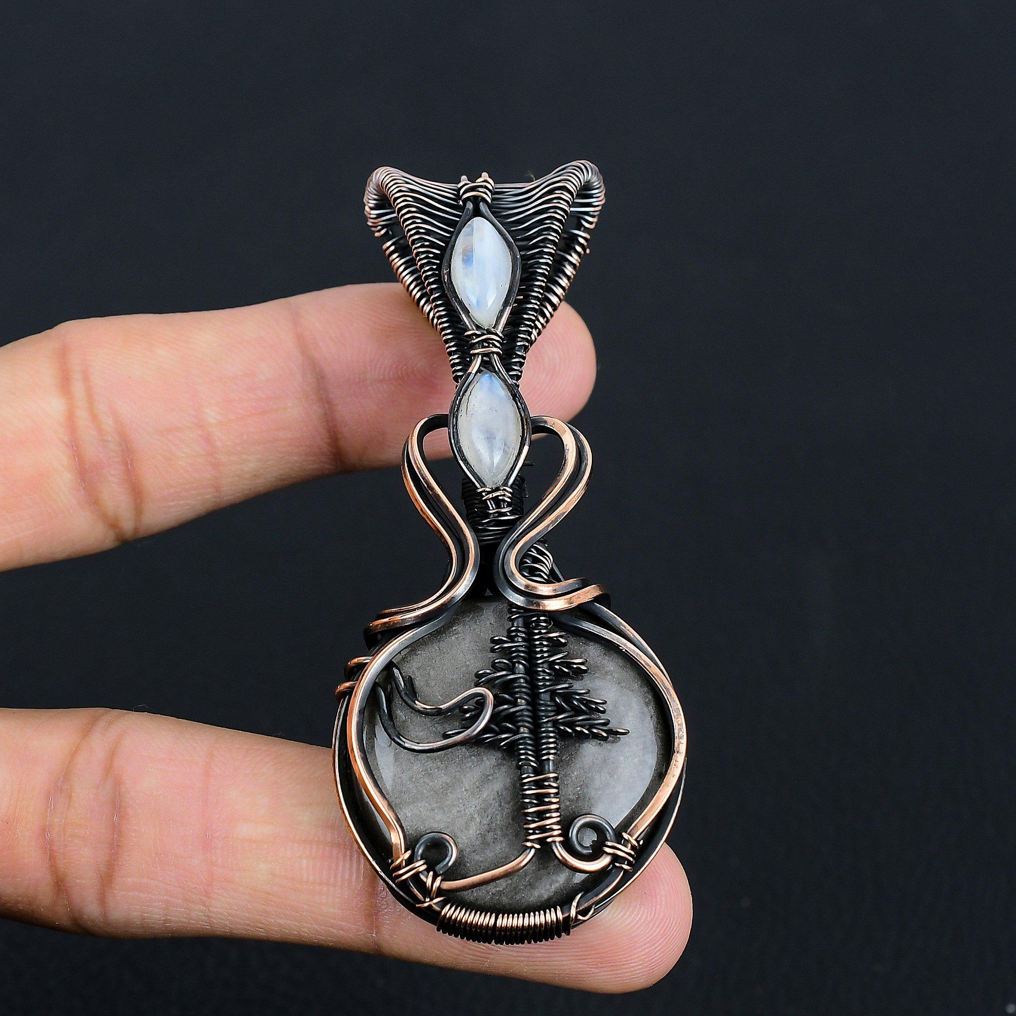 

Silver Sheen Obsidian & Moonstone Pendant, 999 Copper Wire Wrapped Pendant Handmade Gemstone Jewelry, Gifts For Wife Brand New Pendant 2.55 Inches