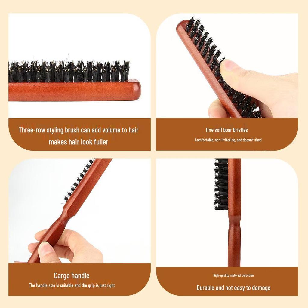 Wooden Long-Handle Pig Bristle Comb for Fluffy Styling and Hairdressing