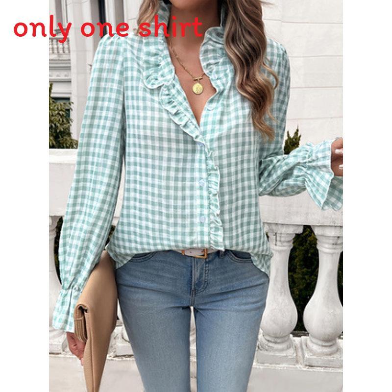 Polyester Geometric Pattern Blouse For Women With Long Sleeves And French Style Buttons For Spring Fashion