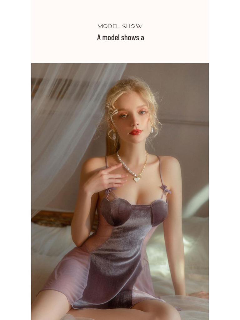 Velvet Lace Mesh Heart Pajama Set: Strappy Nightgown & Robe