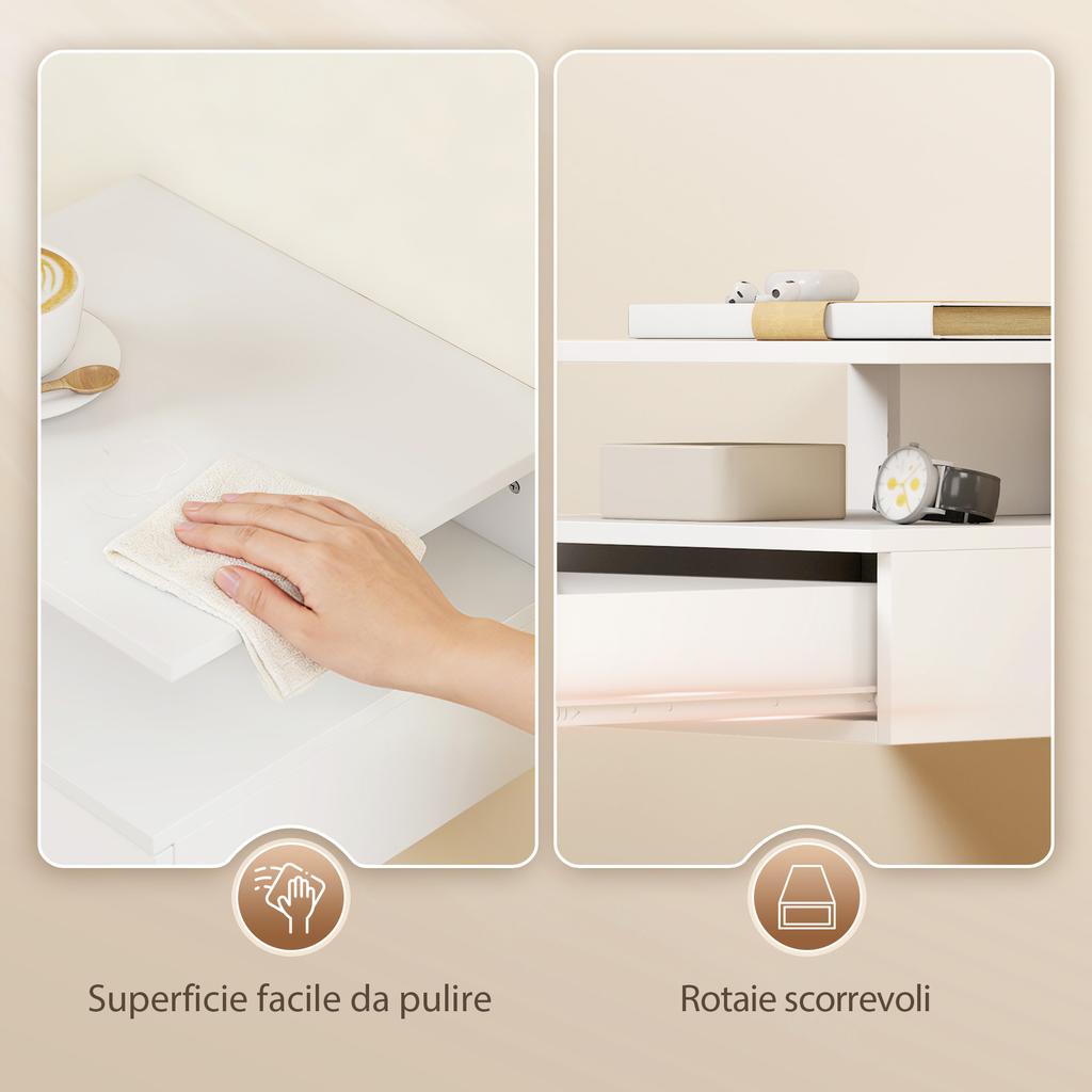 Set of 2 Floating Nightstands, Drawer and Open Shelf, 35x32x22.5 cm, White