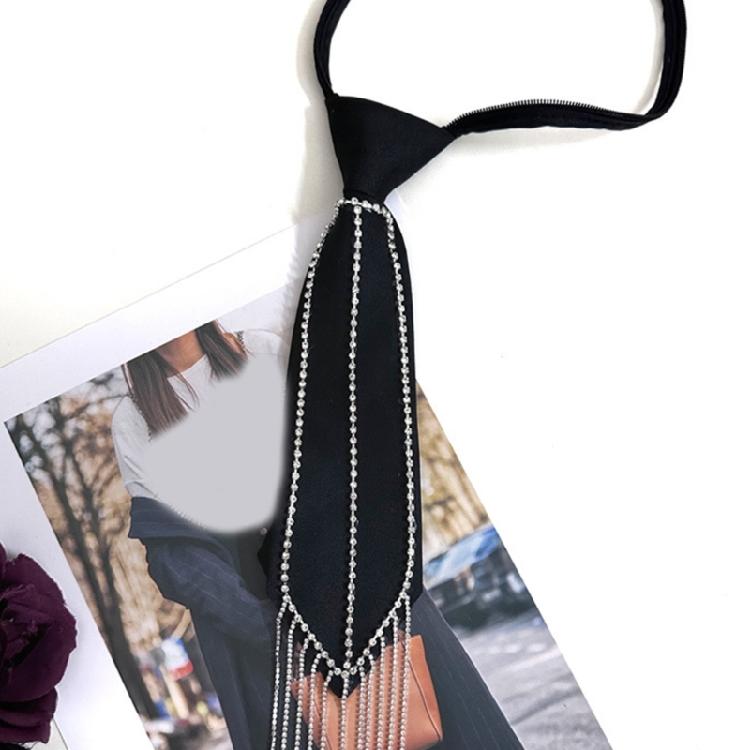 Student Pre Tied Neck Ties Preepy Look Pin Rhinestones Fringe Dark Tie Cravat Vintage Neck Wear Accessories