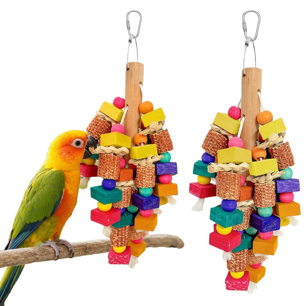 Bird Cage Hanging Toy Wood Block Corn Cob Sisal Rope for Parakeet Lovebird Cockatiel