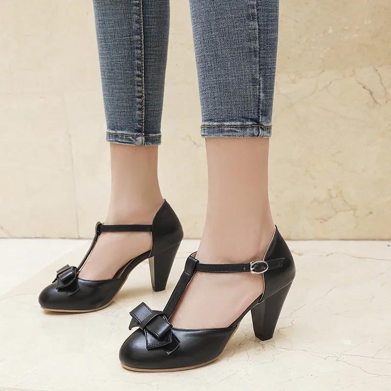 T-Straps Summer Women Sandals Fashion Pink Green Heels Lolita Shoes For Girls Sweet Bow-tied Office Wedding Shoes Large Size 44