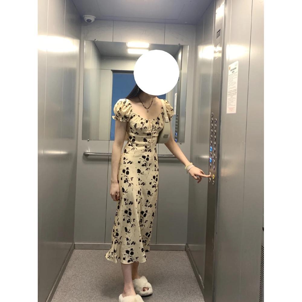 Retro Xiaofei sleeve floral dress, summer new waist and thin temperament medium and long dress