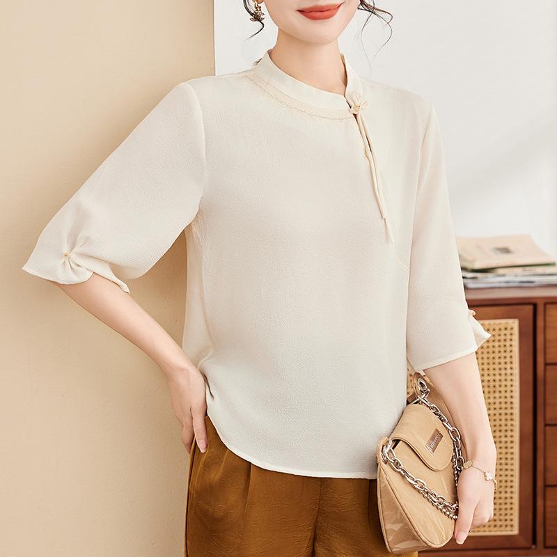 Stylish Chiffon Blouse for Middle-Aged and Older Women - Age-Reducing Seven-Sleeve Top 3XL бежевый