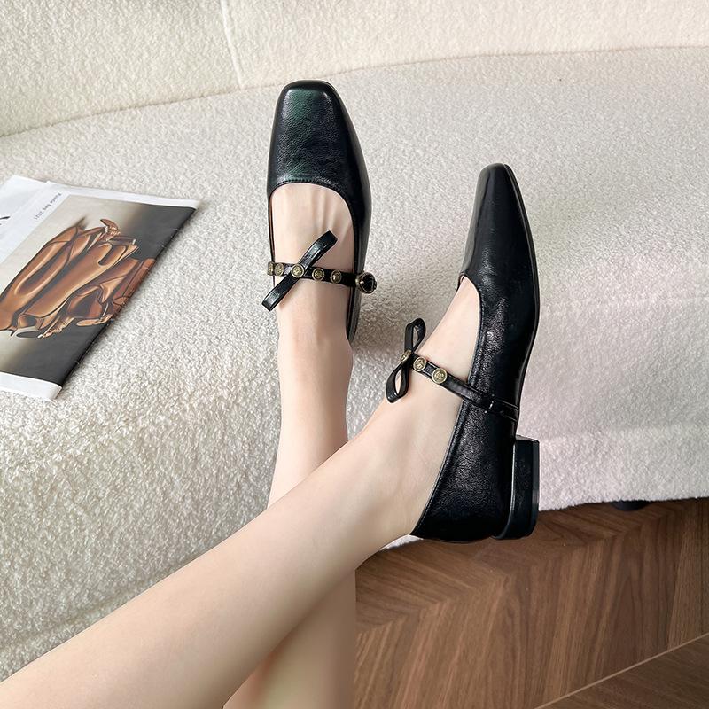 Retro Mary Jane Shoes Small Square Head Light Mouth Bow Shoes Thick Heel Casual Driving Single Shoes Women's Flats