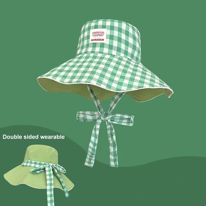 Women Sun Hat Sweet Plaid Wide Edge Fisherman Hat Outdoor Sun Protection Hat Travel Lace Up Hiking Large Brim Beach 5 Colors