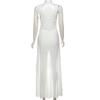 Women's White Ruffled High Low Maxi Dress Sexy V-Neck Spaghetti Strap Backless Bodycon Party Dress