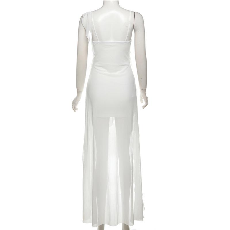 Women's White Ruffled High Low Maxi Dress Sexy V-Neck Spaghetti Strap Backless Bodycon Party Dress