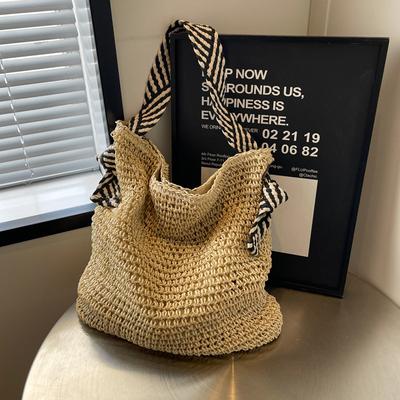Stor kapacitet stråvävd väska dam sommar ny strandsemester vävd väska lat stil axelväska