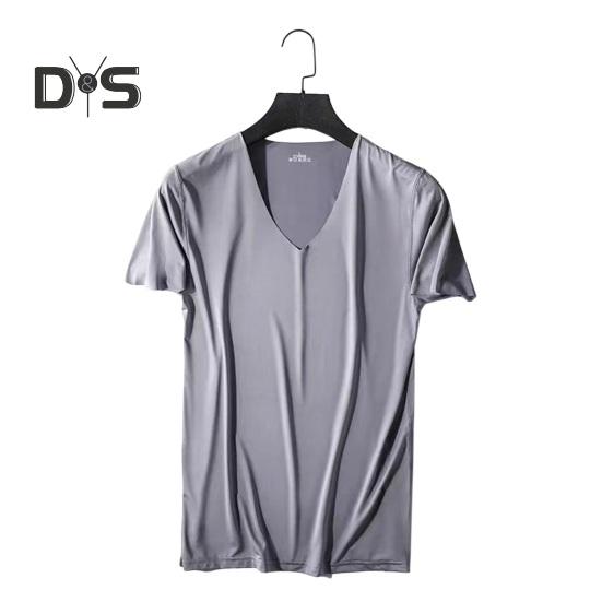 Men Summer T-shirt V Neck Thin Ice Silk Solid Color Thin Stretchy Pullover Mid Length Sweat Absorption Quick-drying Sport Fitness Top