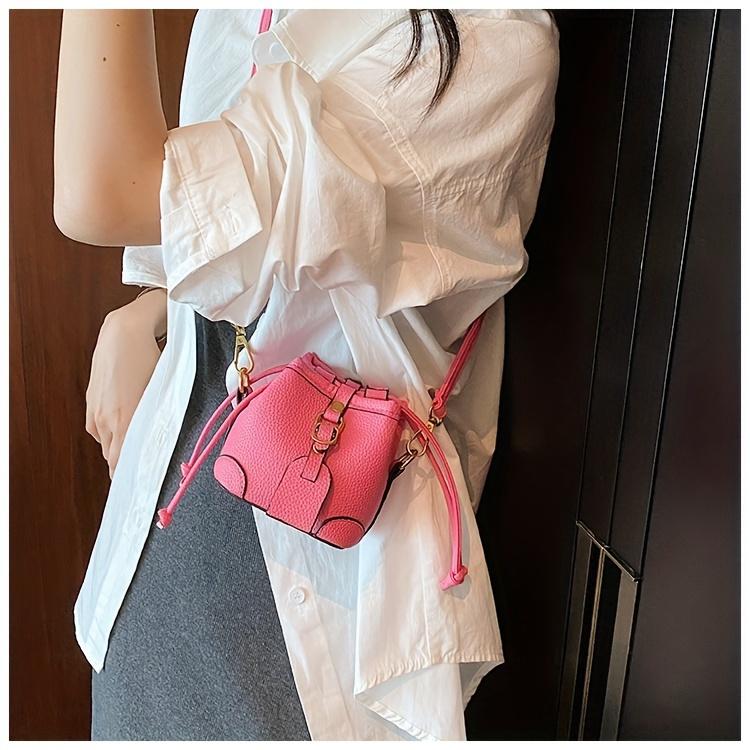 Trendy Color Block Mini Bucket Bag For Girls Cute PU Leather Crossbody Bag Lightweight Drawstring Shoulder Bag For School Parties