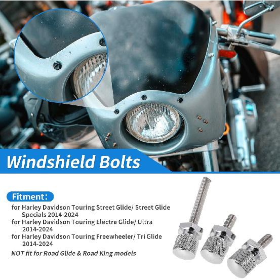 

Windshield Bolts for Harley Davidson Touring Street Glide/Street Glide Specials 2014-2024 1 Pc Long Bolt 2 Pcs Short Bolts Aluminum Alloy Silver Tone