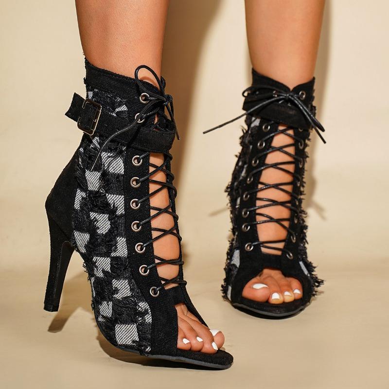 Fashion Women High-heeled Cool Boots Fashion Pointed Summer Ankle Boot Open Toe Fish Mouth Cool Boots for Women Lace Up Canvas Cool Boot