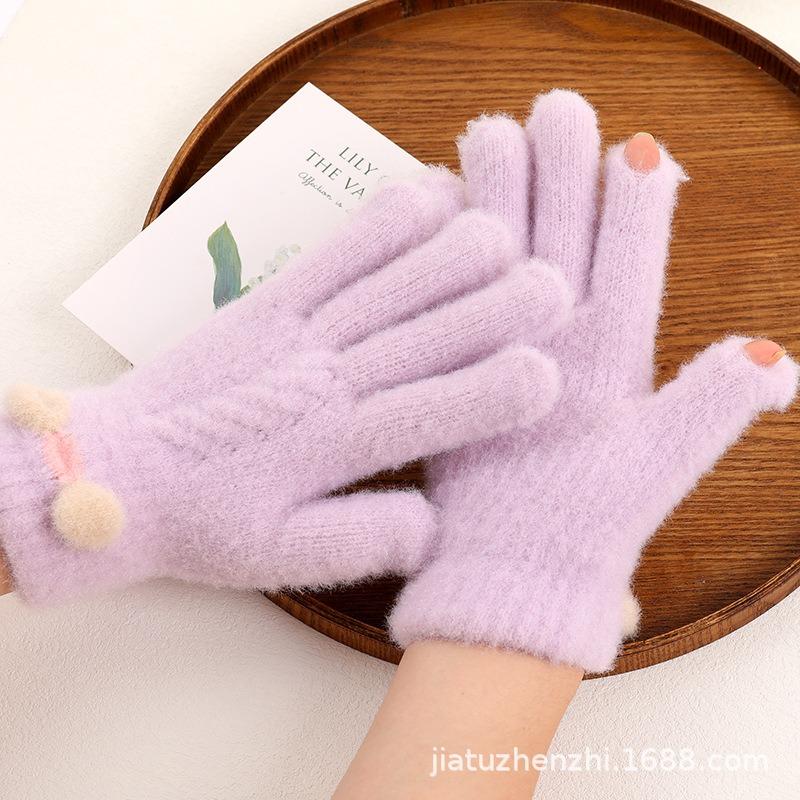 Winter Gloves Women's Velvet Thickened Five-finger Students Cute Knitted Cold-proof Riding Can Keep Warm Cycling Gloves