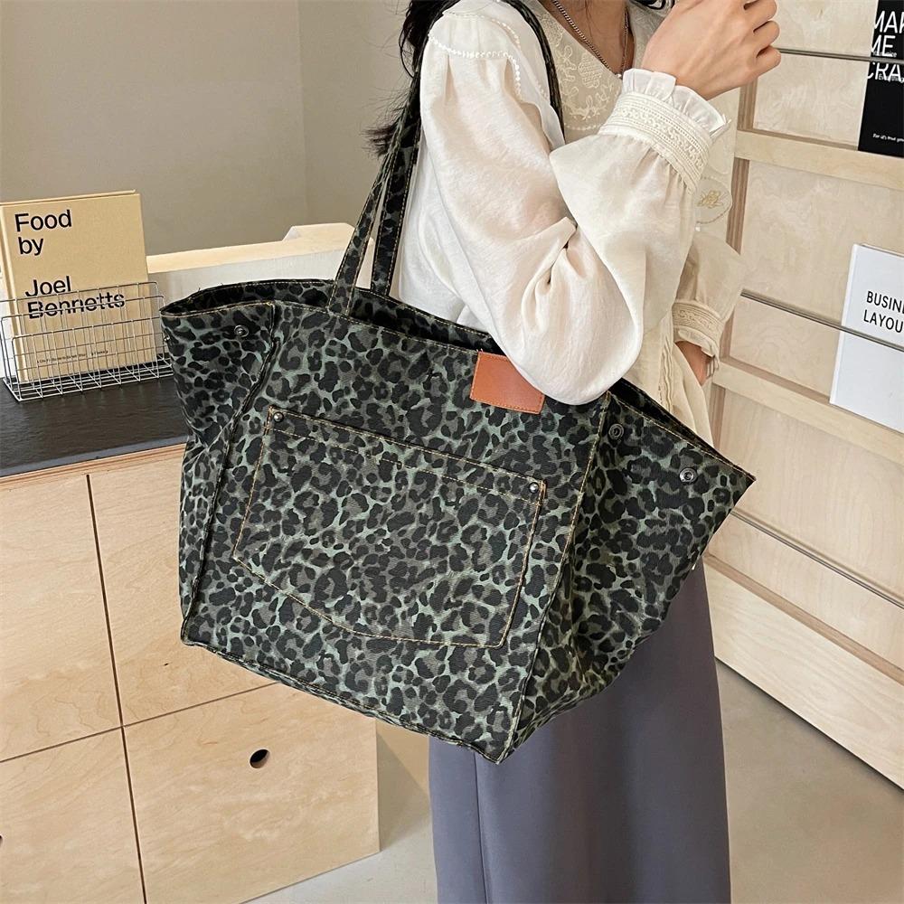 Oversized Leopard Prints Shoulder Bags For Women Deformable Canvas Large Capacity Shopping Totes 2024 Winter New Luxury Handbags