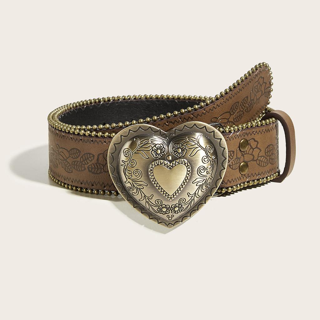 Shaped Heart Retro Rivet Belt Pu Leather Alloy Snap Closure Men Teens Streetwear