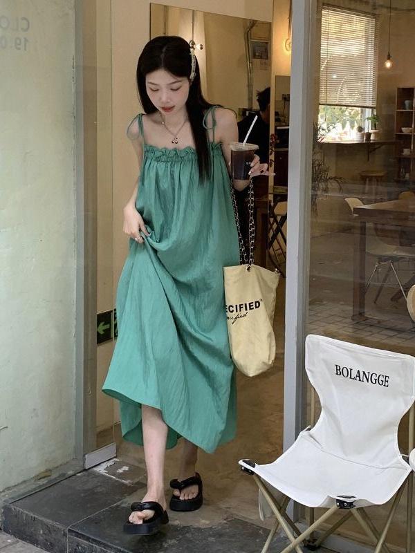Autumn Green Casual Sleeveless Ruffle Hem Strap Dress for Women