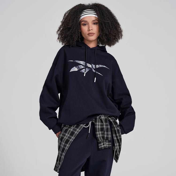 Reebok Cny Series Logo Embroidered Hooded Knit Pullover Sweatshirt Unisex Sweatshirt Dark-Blue 24SRC309UGN2