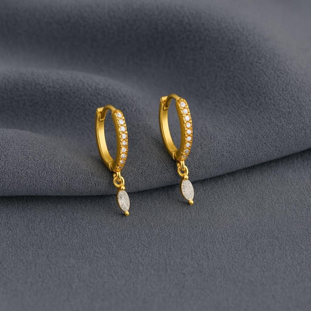 Marquise Drop Huggie Hoop Earrings - 925 Sterling Silver Yellow Plated