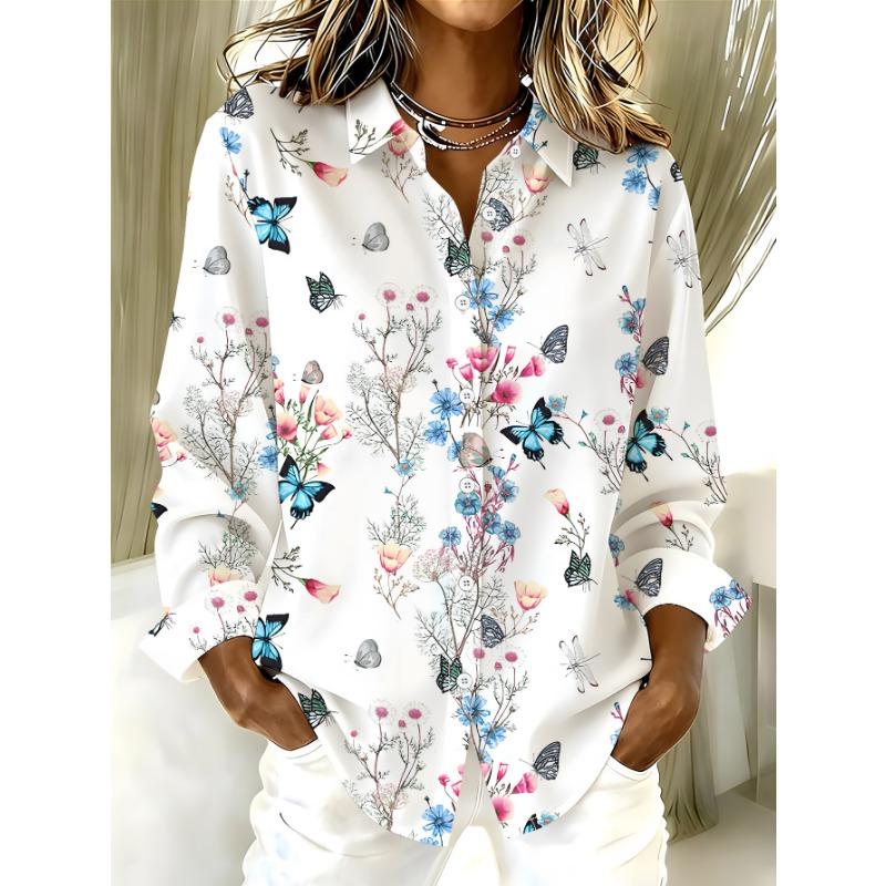 Women's Long Sleeve Shirt, Floral Print Blouse with Butterfly Elements, Midi-Length Women's Shirt