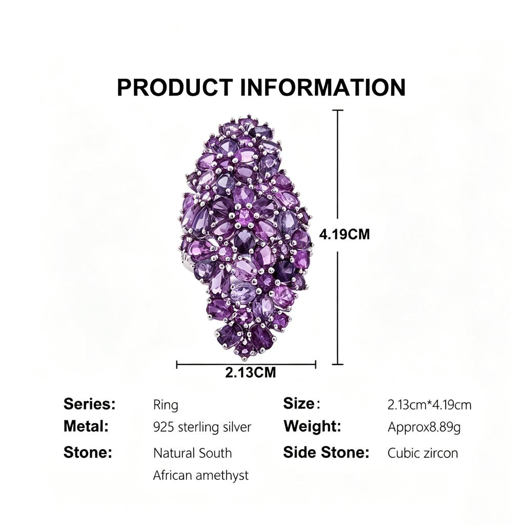 Luxury 925 Sterling Silver big ring Natural Africa Amethyst gemstones fine jewelry for women eye's catching birthday party gifts