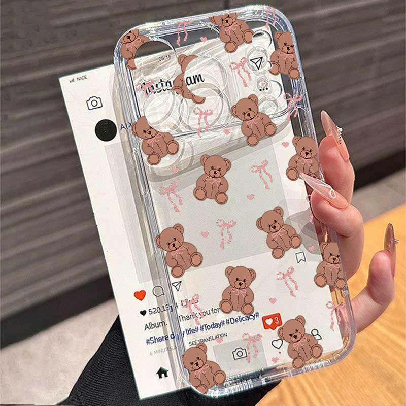 Teddy Bear Bowknot Phone Case For iPhone 17 16e 16 15 14 13 12 11 Mini Air Pro Max X XR XSMax 7 8 Plus Transparent Soft