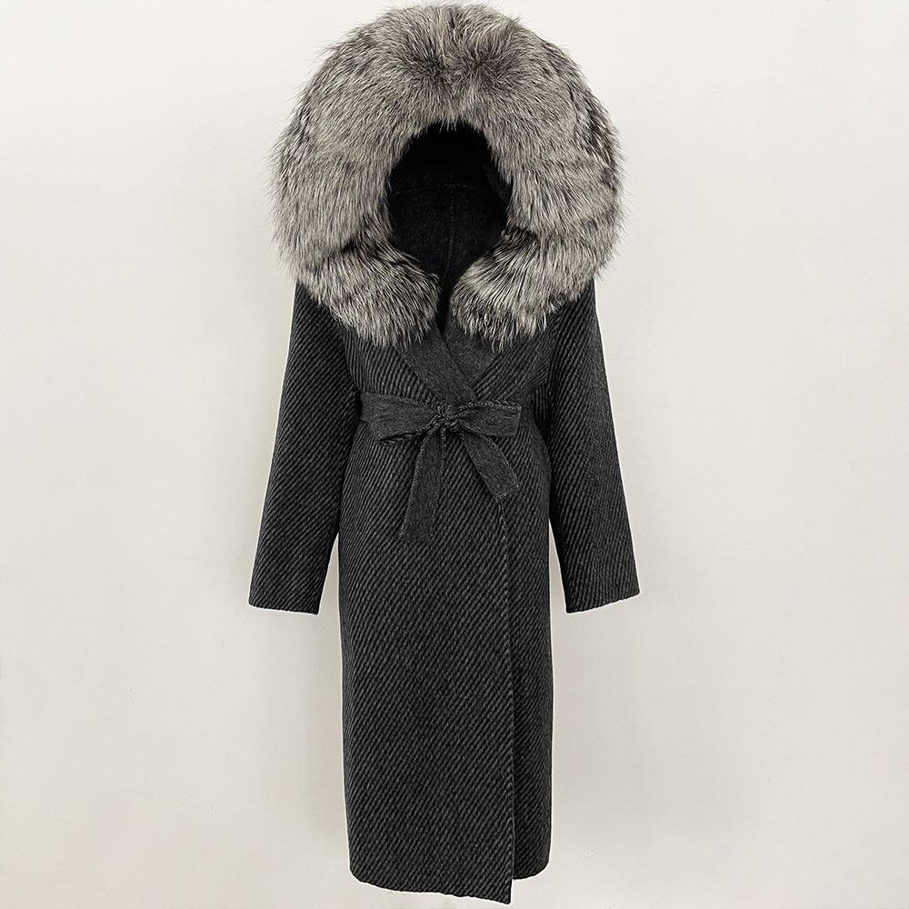 OFTBUY Winter Women Coat Real Natural Fox Fur Hooded Detachable Collar Double-faced Woolen Jacket Long Casual Elegant Overwears