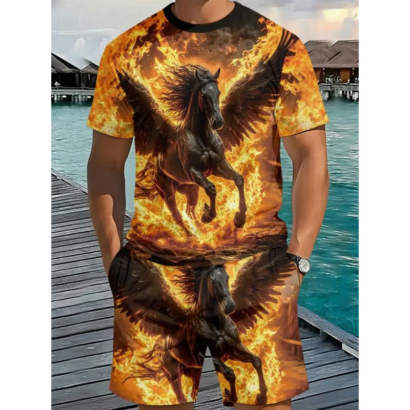 Fashion Men's Casual Suit 3D Casual Color Printing Summer T-shirt Shorts Simple