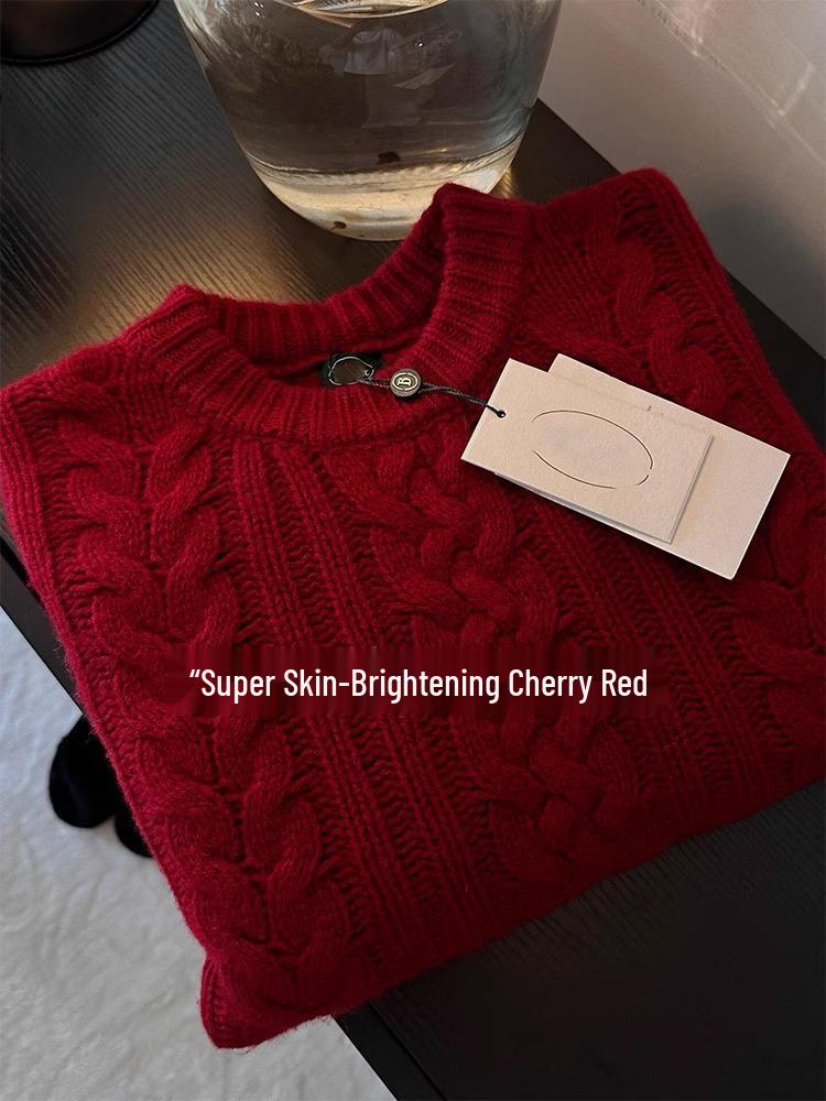 Малиновый свитер крупной вязки Женский осенне-зимний топ свободного кроя больших размеров в европейском стиле из уютного хлопка Small 3070₽