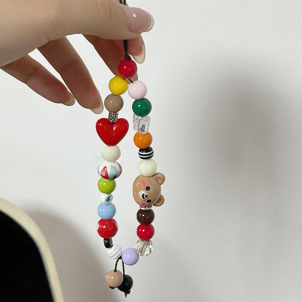 Cute Bear Colored Beaded Phone Charm Chain Keycord For iPhone Stylish Heart Camera Bag Jewelry Strap Gift Girl Hanging Cord Rope