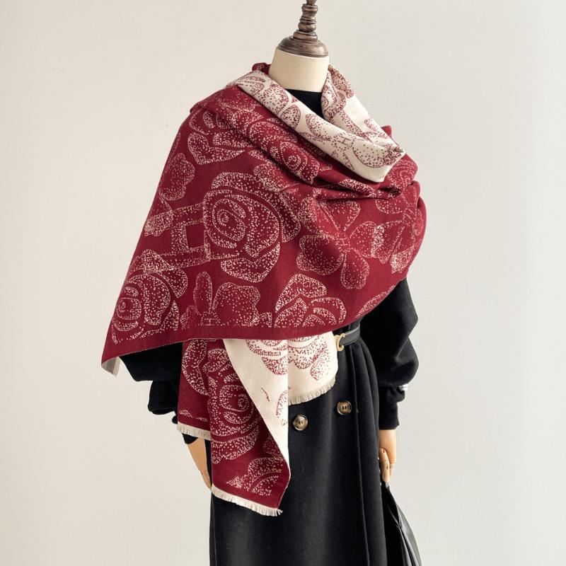 Scarf Women's autumn and winter imitation cashmere camellia scarf versatile fashion versatile double-sided thickened couple warm shawl