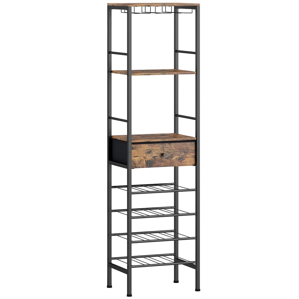 Industrial Wine Bar Cabinet Freestanding Liquor Cabinet 16-Bottle Wine Rack Glass Holder Rustic Brown