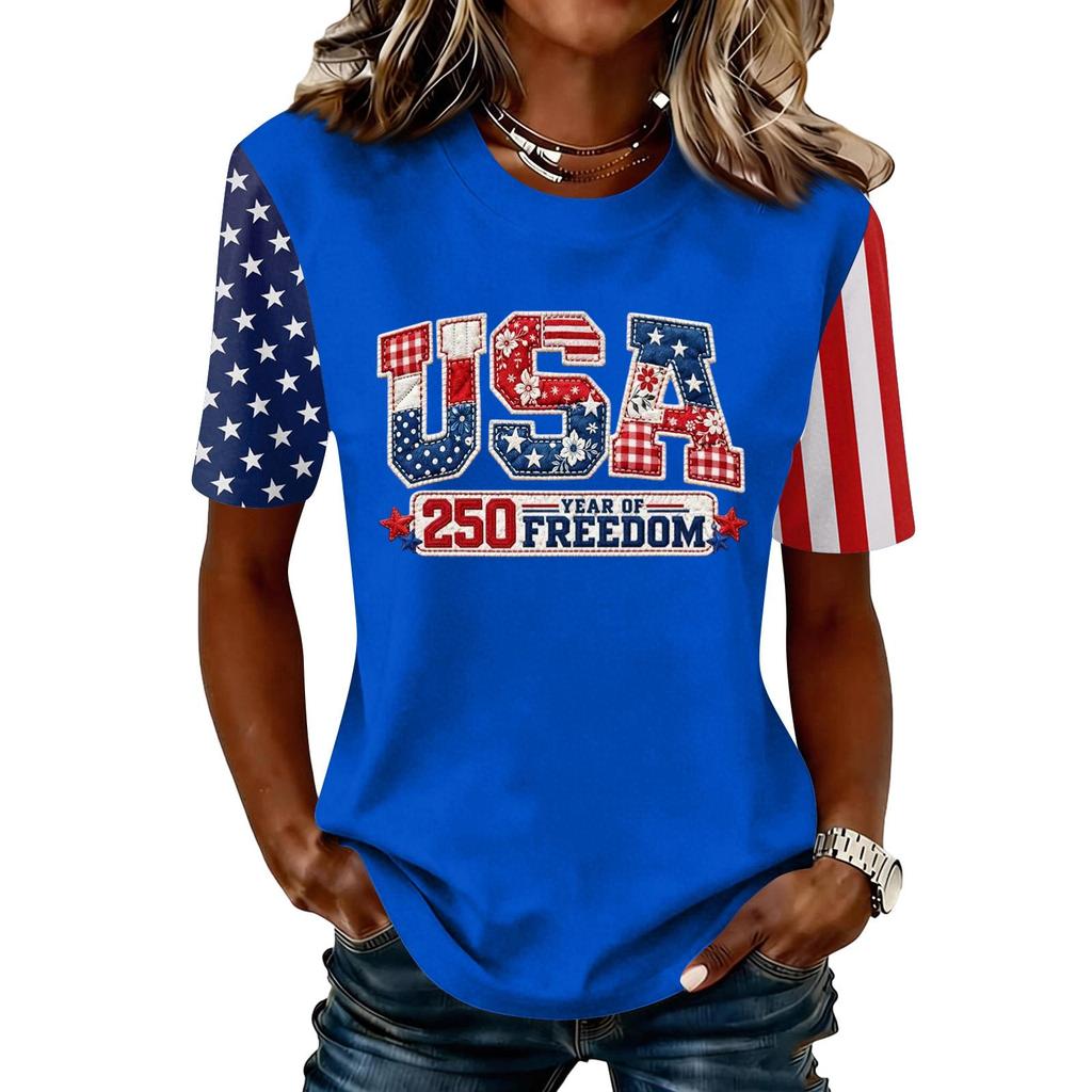 Blusa Feminina da Moda Casual de Manga Curta com Estampa e Gola Redonda