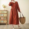 Spring Cotton and Linen Long-sleeved Dress Literary National Style Washed Lace-up Thin Brick Red Women's Dress