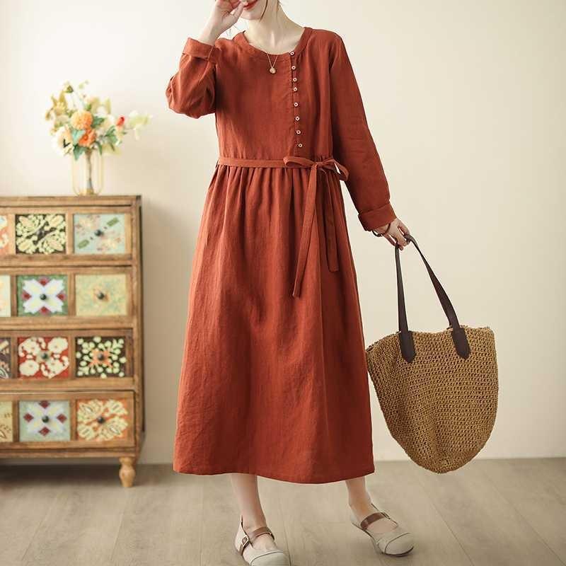 Spring Cotton and Linen Long-sleeved Dress Literary National Style Washed Lace-up Thin Brick Red Women's Dress