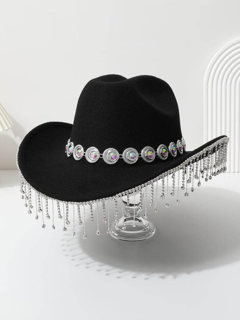 European and American crystal fringed western cowboy top hat festival party jazz hat felt hat