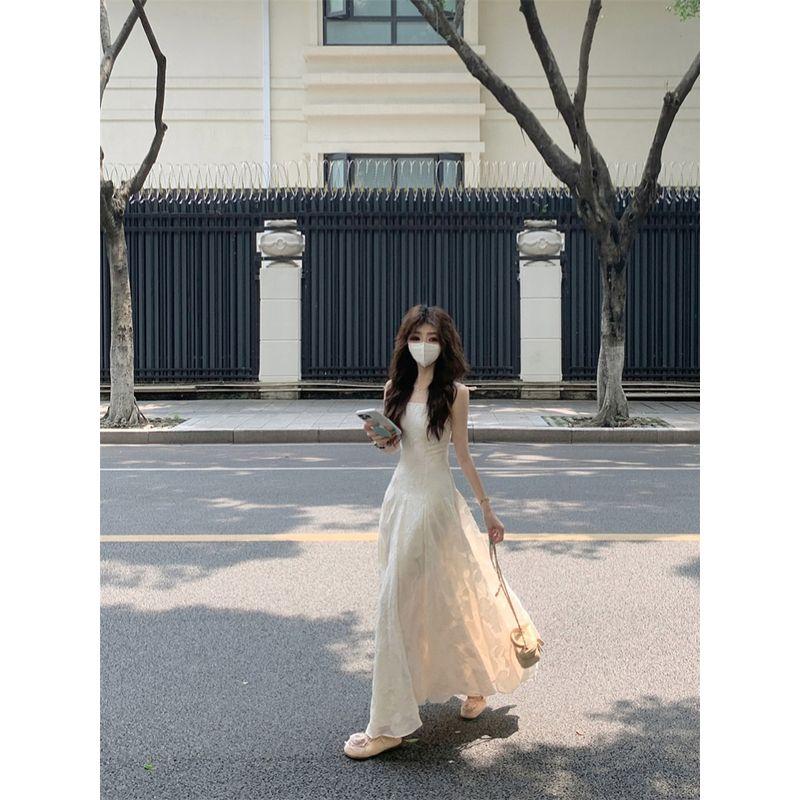 Kumikumi Cool Slip Dress Women Summer Temperament Waist Hugging Slimming Dress Fairy A- line Dress Long Skirt