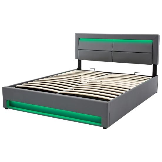 Gepolstertes Bett Großer Stauraum LED-Beleuchtung Stabiler Rahmen Robuste Doppelkonstruktion mit USB-Anschlüssen Modernes Holzlattenrost Funktional