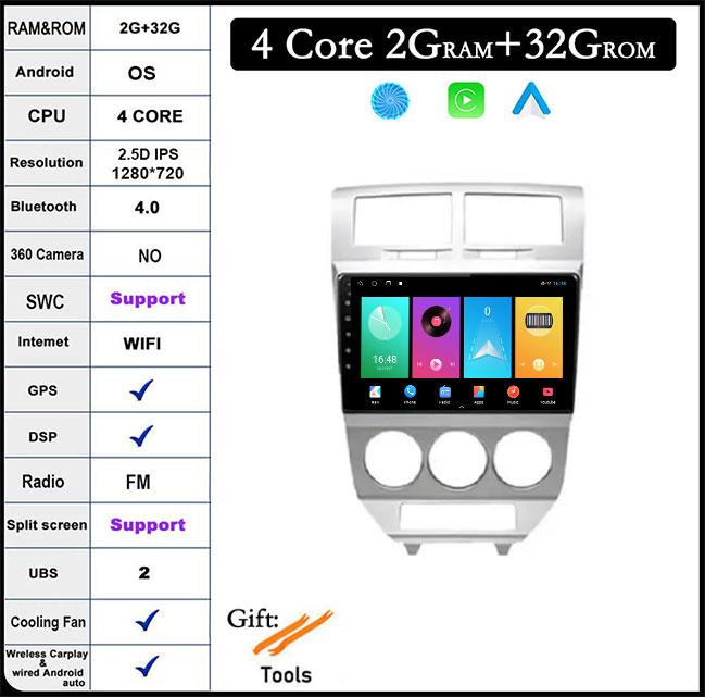 

10 дюймов для Dodge Caliber 2007-2010 Android 14 DSP IPS автомобильный мультимедийный проигрыватель 4G wifi видео GPS навигация Carplay