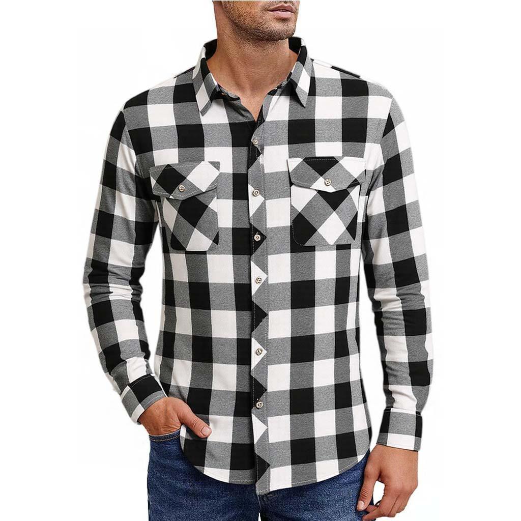 Spring and Summer Slim-fit Black and Red Polished Plaid Shirt Long-sleeved Double-pocket Large-size Cardigan