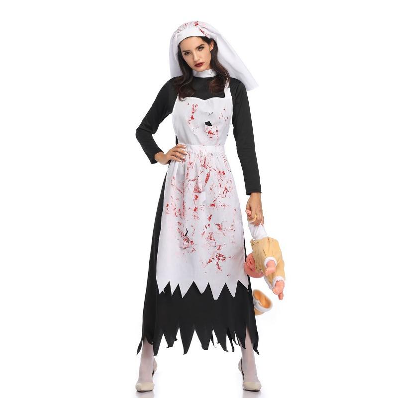 

Хэллоуин Костюм Взрослый Ужас Кровавая Монахиня Зомби Костюм Женский Костюм Зомби Необычное Длинное Платье XL